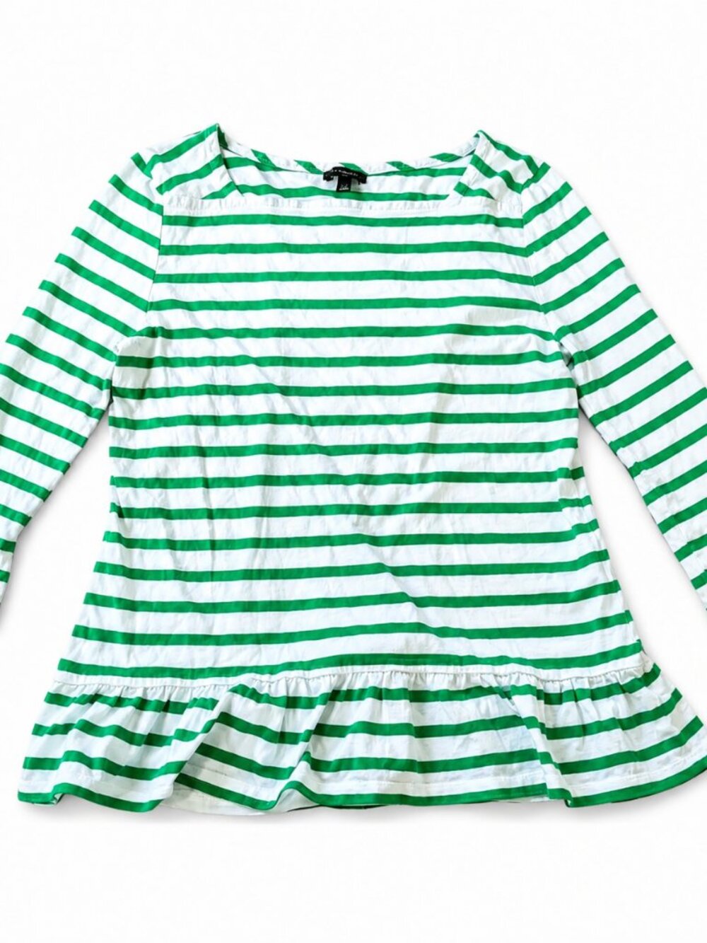Talbots Pima Cotton Green White Striped Ruffle Hem Top Women’s Small